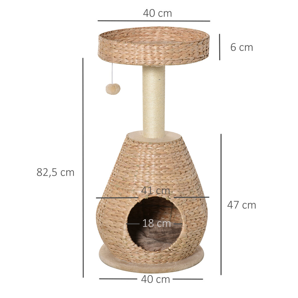 "PawHut" kačių medis, draskymo stovas, kačių baldai su urvu, kamuoliukas-žaislas, sizalis, minkštas pliušas, geltonos spalvos, aukštis 82,5 cm цена и информация | Draskyklės | pigu.lt