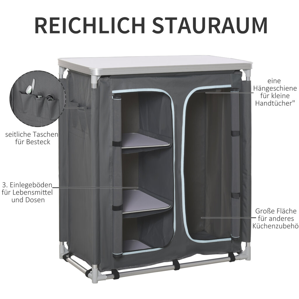 Kempingo spintelė virtuvės dėžė nešiojama su stalviršiu, nešiojamas krepšys 3 lentynos 1 spintelė 600D Oksfordo audinys pilka 96 x 49,5 x 104 cm kaina ir informacija | Spintos | pigu.lt