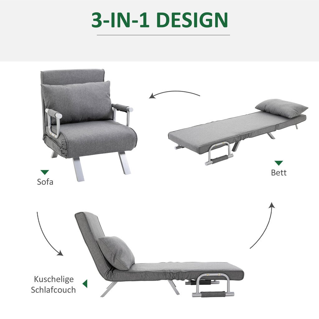 HOMCOM Sofa-lova su porankiu 65x69x80 cm, "3-in-1" sofa-lova, lova svečiams, šezlongas, į liną panašus poliesteris, pilka цена и информация | Svetainės foteliai | pigu.lt