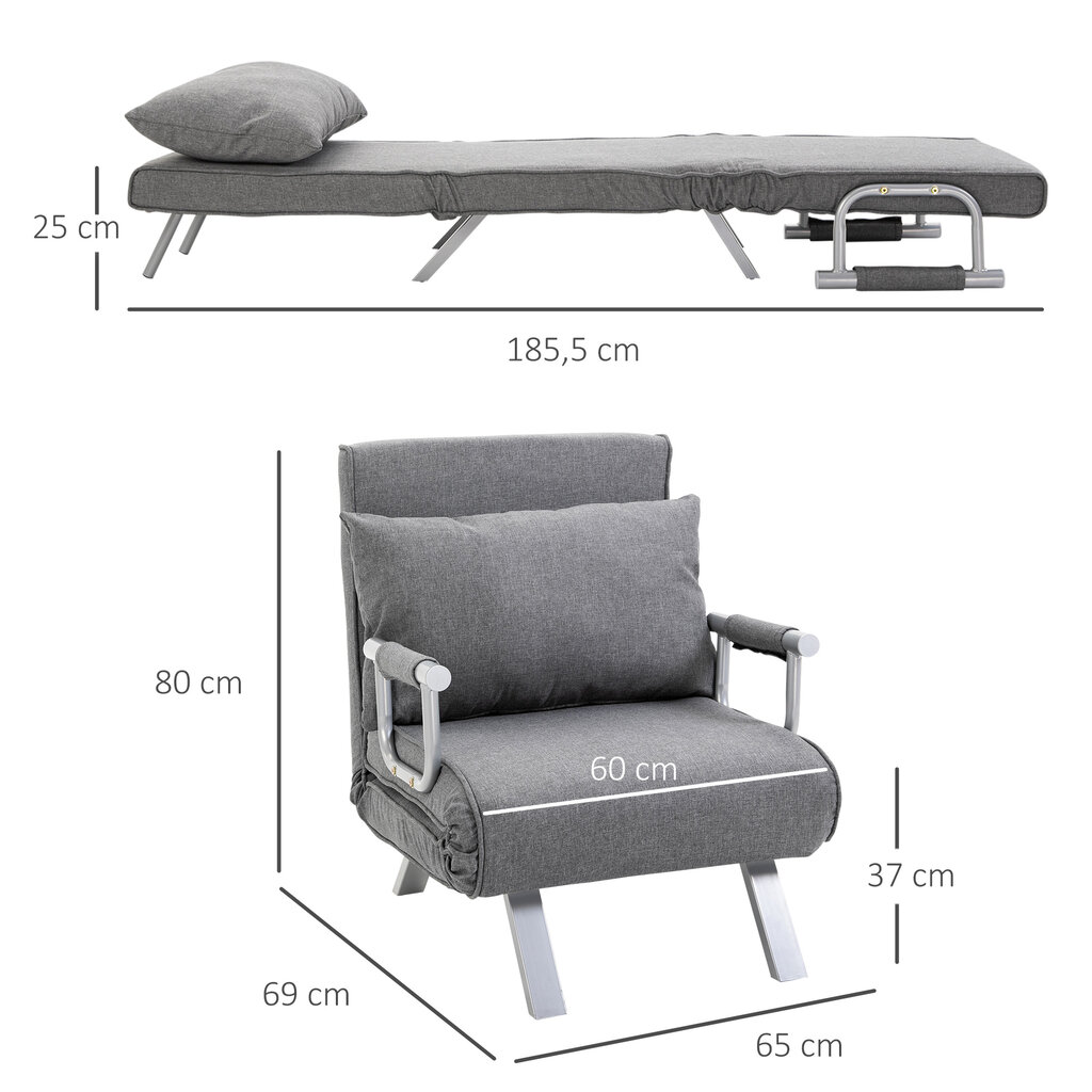 HOMCOM Sofa-lova su porankiu 65x69x80 cm, "3-in-1" sofa-lova, lova svečiams, šezlongas, į liną panašus poliesteris, pilka цена и информация | Svetainės foteliai | pigu.lt