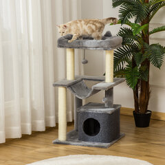 PawHut 90cm Cat Tree Hammock Play Tree Cat Cave Platforms Climbing Tree Plush Sisal Grey цена и информация | Когтеточки | pigu.lt