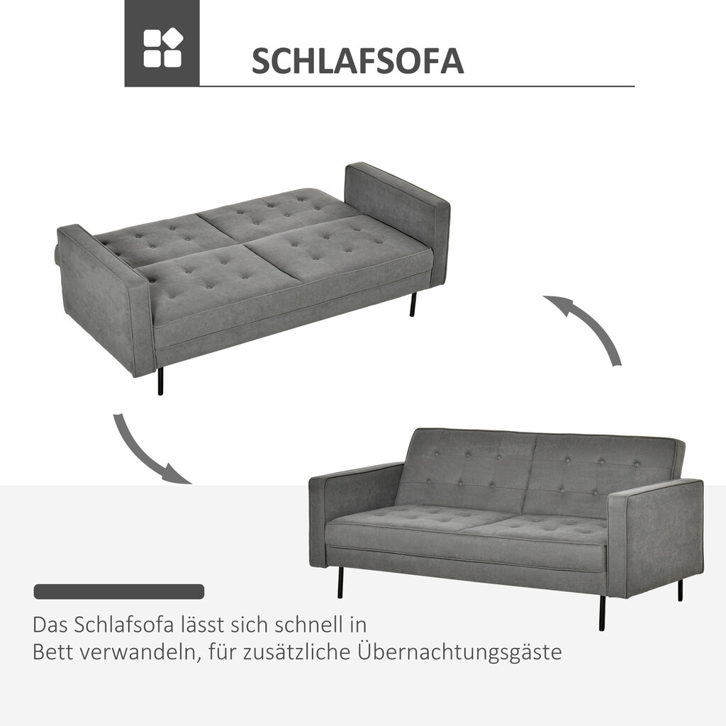 HOMCOM Sofa lova 3 vietų sofa su miego funkcija, reguliuojamas kampas, vintažinė, eukalipto mediena, medvilnė, pilka kaina ir informacija | Sofos | pigu.lt