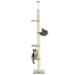 "PawHut" kačių draskyklė 230-250 cm aukščio, su hamaku, reguliuojamo aukščio, pilka+kreminė balta цена и информация | Когтеточки | pigu.lt