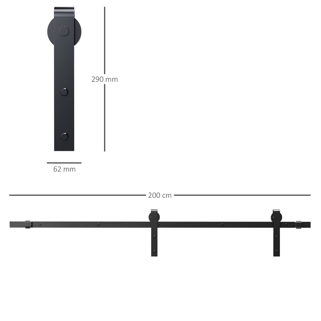 Homcom stumdomųjų durų sistemos bėgių komplektas su varžtais, 200x40x0.6cm, juoda kaina ir informacija | Vidaus durys | pigu.lt