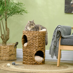 PawHut draskyklė 47 cm su 2 lygiais Kačių bokštas su pagalvėle, pagamintas iš vandens hiacinto ir plieno, šviesiai rudos spalvos kaina ir informacija | Draskyklės | pigu.lt
