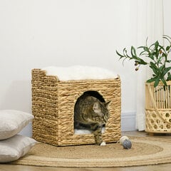 "PawHut" rotango kačių urvas su 2 lygių pagalvėle vandens hiacinto rudos spalvos iki 5 kg kaina ir informacija | Guoliai, pagalvėlės | pigu.lt