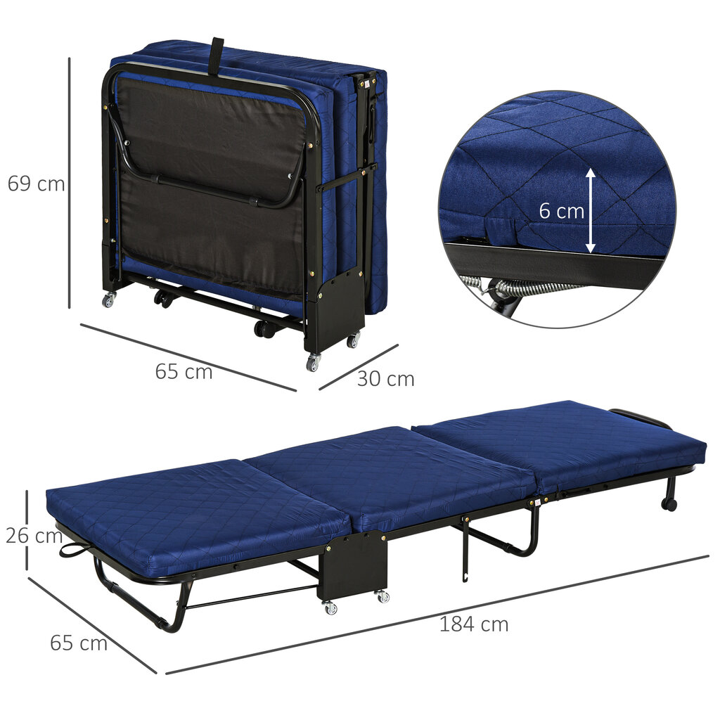 HOMCOM Sulankstoma lova svečiams 2-in-1 Reguliuojamas galvūgalio aukštis Ratukai Plieninės putos Mėlyna 184x65x26cm kaina ir informacija | Lovos | pigu.lt