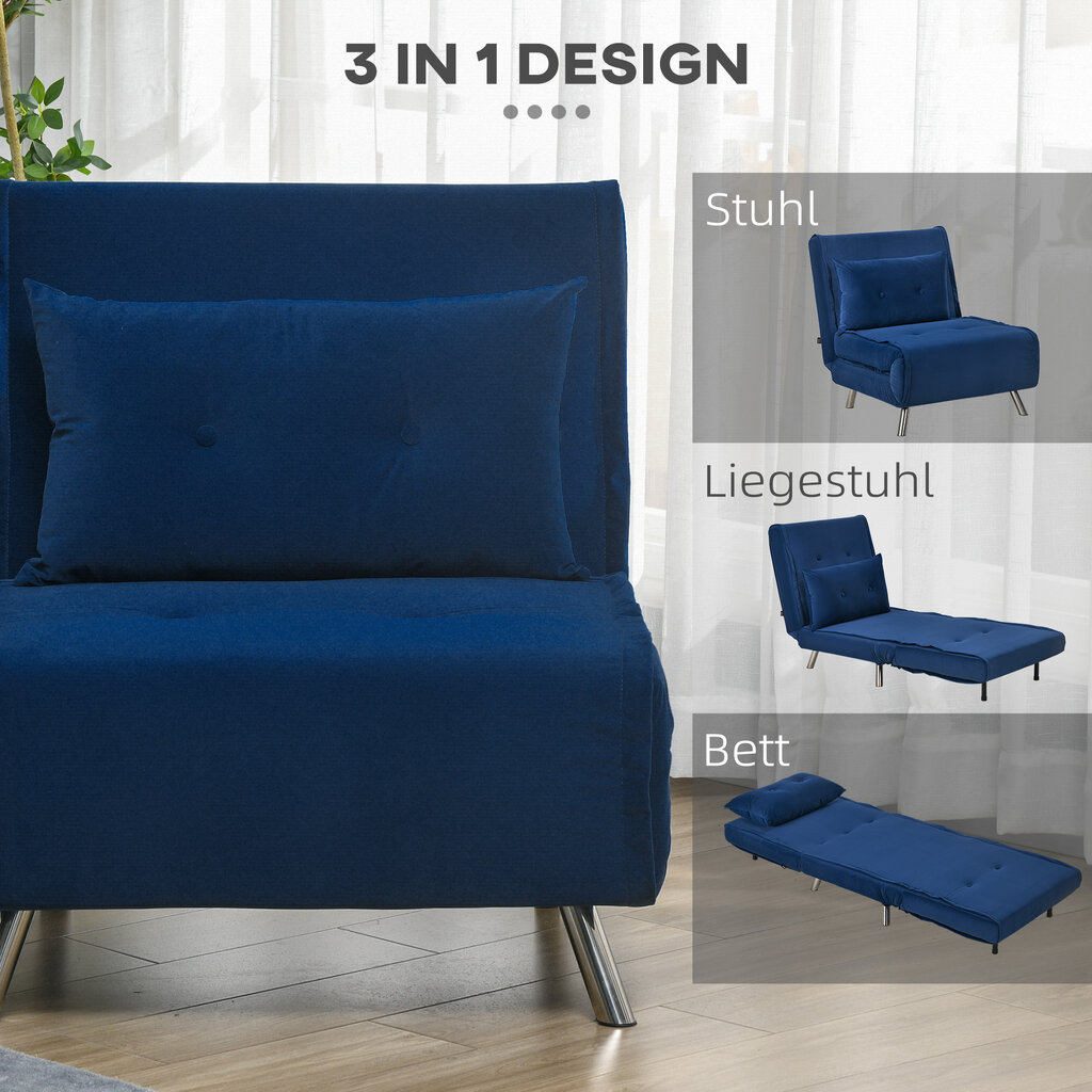 HOMCOM Sofa lova Atlenkiamas fotelis Lovos funkcija Viengulė sofa Pagalvėlė Svečių lova Minkšta sofa Velvetas Svetainė Miegamasis Miegamasis Mėlyna 77x88x83cm цена и информация | Svetainės foteliai | pigu.lt