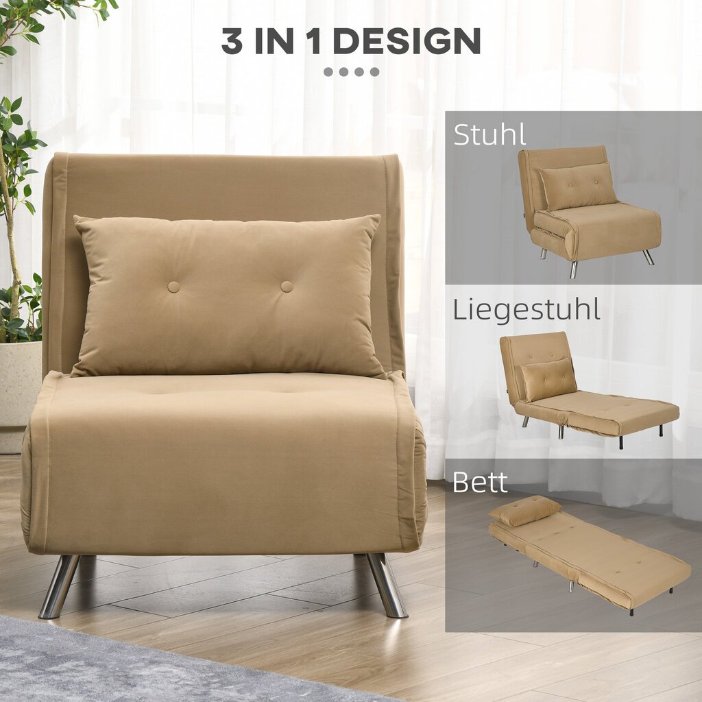 HOMCOM Sofa lova Sulankstomas fotelis Lovos funkcija Viengulė sofa Pagalvėlė Svečių lova Minkšta sofa Velvet Brown 77x88x83cm цена и информация | Svetainės foteliai | pigu.lt