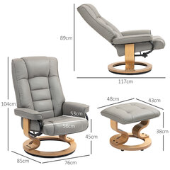 "HOMCOM Relax" fotelis su taburete, pasukamas televizoriaus fotelis su atsilenkimo funkcija, televizoriaus fotelis su mediniu rėmu, galima apkrauti iki 150 kg, skirtas svetainei, odos imitacija, pilkos spalvos kaina ir informacija | Svetainės foteliai | pigu.lt
