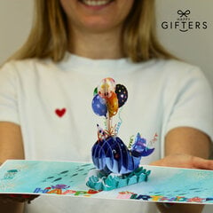 Išsiskleidžiantis 3D šventinis atvirukas Happy Gifters Gimtadienio banginis 15x20cm kaina ir informacija | Vokeliai, atvirukai | pigu.lt