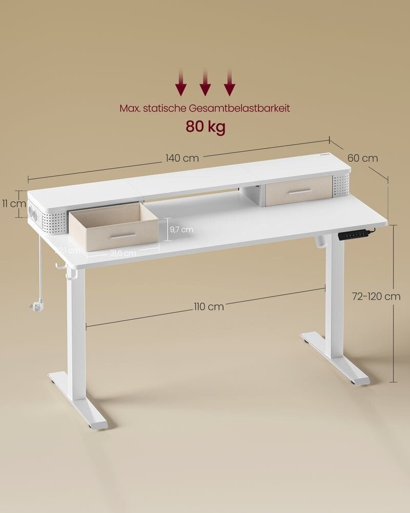 Rašomasis stalas su apšvietimu Songmics, 60x140x72/120 cm, baltas kaina ir informacija | Kompiuteriniai, rašomieji stalai | pigu.lt