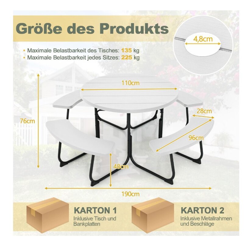 Stovyklavimo/turistinis stalo ir suolų komplektas Costway, 190 x 76 cm, baltas kaina ir informacija | Turistiniai baldai | pigu.lt