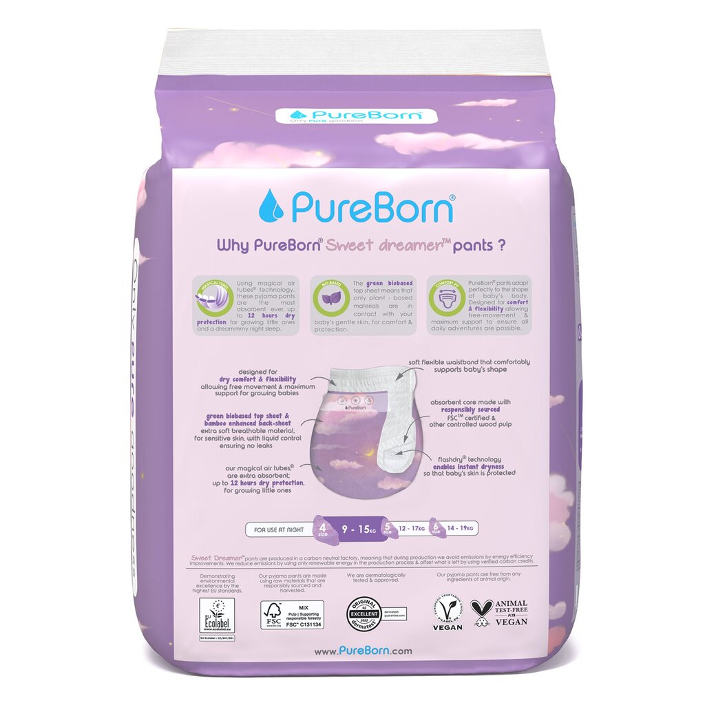 Užtraukiamos sauskelnės PureBorn Night, 4 (9-15 kg), 22 vnt. цена и информация | Sauskelnės | pigu.lt