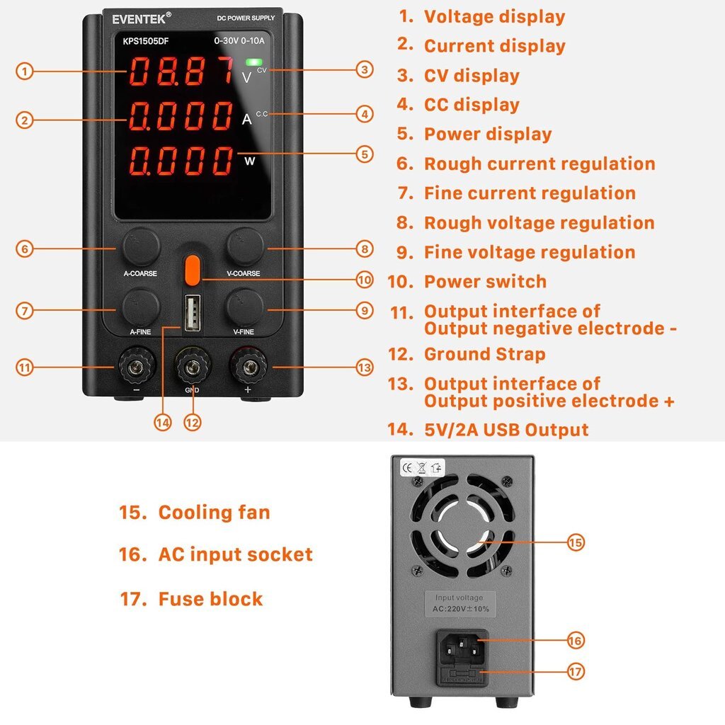 Eventek KPS1505DF laboratorinis maitinimo šaltinis, 30V, 10A цена и информация | Maitinimo šaltiniai | pigu.lt