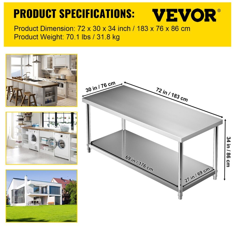 Virtuvinis darbo stalas Vevor,183x76x86cm, sidabrinis цена и информация | Virtuvės ir valgomojo stalai, staliukai | pigu.lt