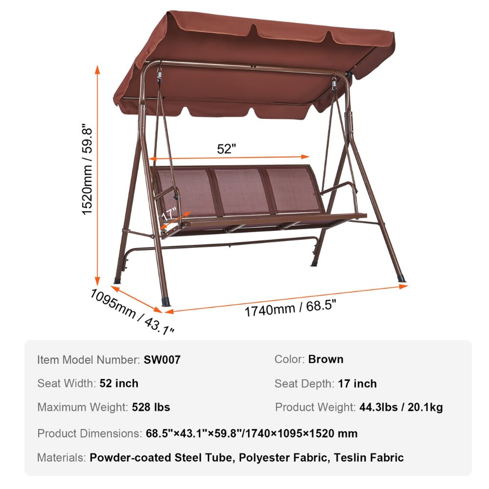 Lauko sūpynės su stogeliu Vevor, 152x109x174cm, rudas kaina ir informacija | Lauko sūpynės | pigu.lt