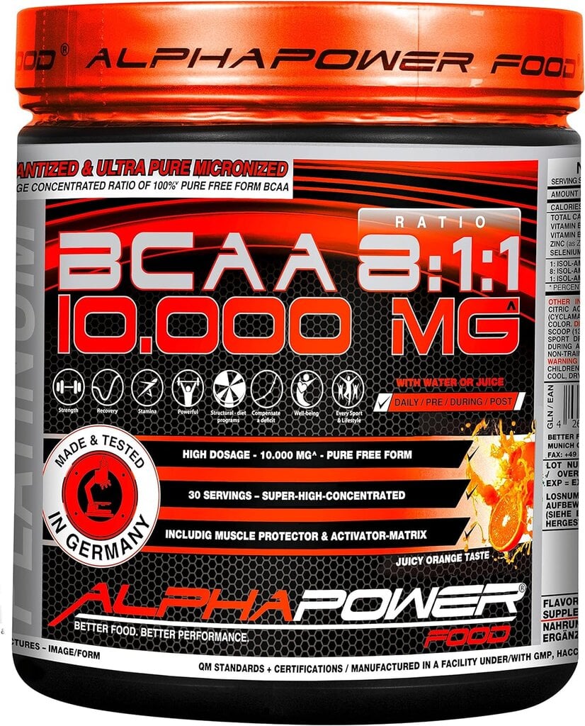 Bcaa amino rūgštys ALPHAPOWER FOOD: 100%BCAA 10.000 MG 8:1:1 kaina ir informacija | Aminorūgštys | pigu.lt