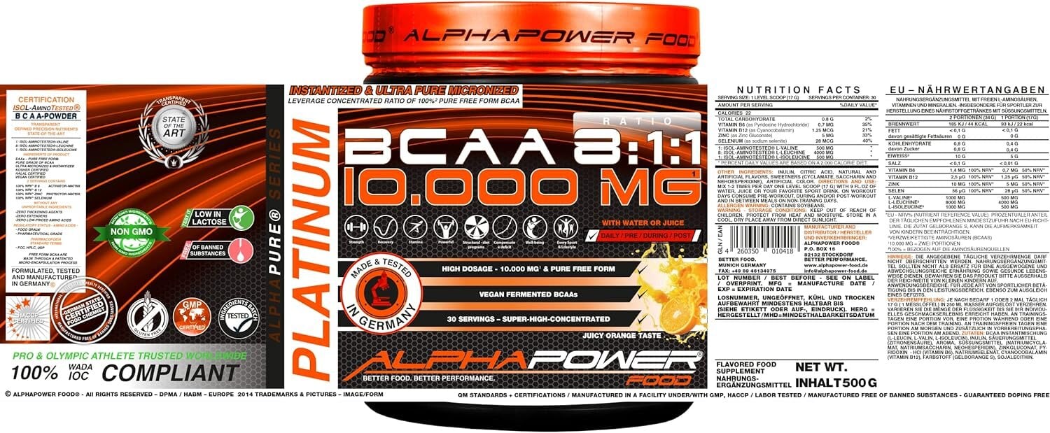 Bcaa amino rūgštys ALPHAPOWER FOOD: 100%BCAA 10.000 MG 8:1:1 kaina ir informacija | Aminorūgštys | pigu.lt