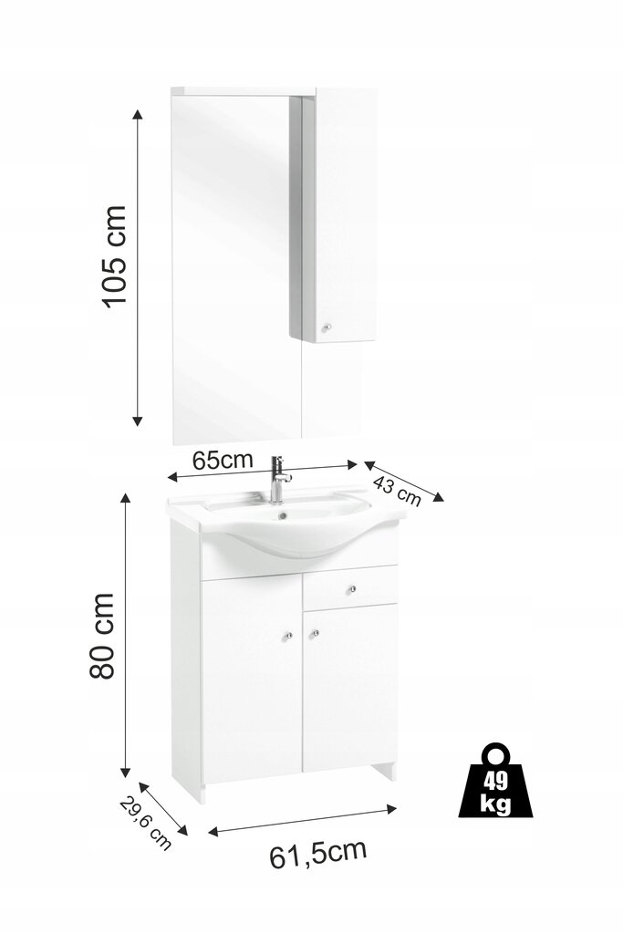 Vonios spintelė su praustuvu, 65 veidrodžiu ir apšvietimu balta Silves kaina ir informacija | Vonios spintelės | pigu.lt