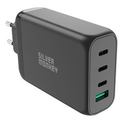 Silver Monkey GaN 130W wall charger 3x USB-C PD 1x USB-A 3.0 QC - black цена и информация | Зарядные устройства для телефонов | pigu.lt