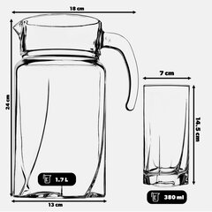 1,7L ąsotis + 6 stiklinės 380ml sultims ir vandeniui kaina ir informacija | Taurės, puodeliai, ąsočiai | pigu.lt