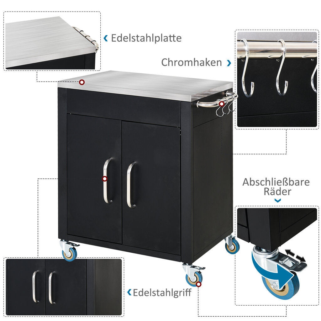 HOMCOM Virtuvinis vežimėlis su ratukais Serviruojamasis vežimėlis su spintele, kabliukais, nerūdijančio plieno rankenomis, juodas, 86x50x86,5 cm kaina ir informacija | Interjero detalės | pigu.lt