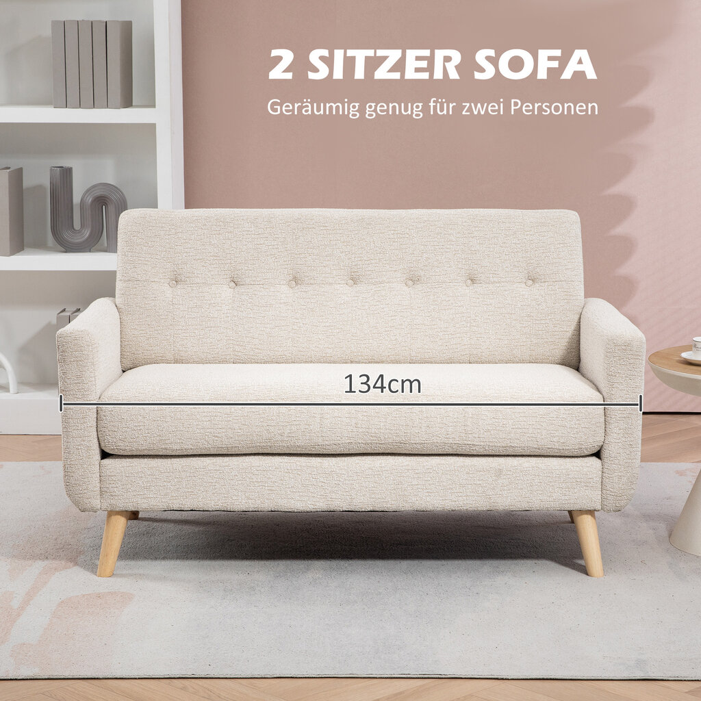 HOMCOM 2 vietų sofa, sofa su storomis sėdynės ir atlošo pagalvėlėmis, aksomo išvaizdos, minkšta sofa su medinėmis kojomis, dvivietė modernaus stiliaus sofa svetainei, miegamajam, smėlio spalvos цена и информация | Sofos | pigu.lt