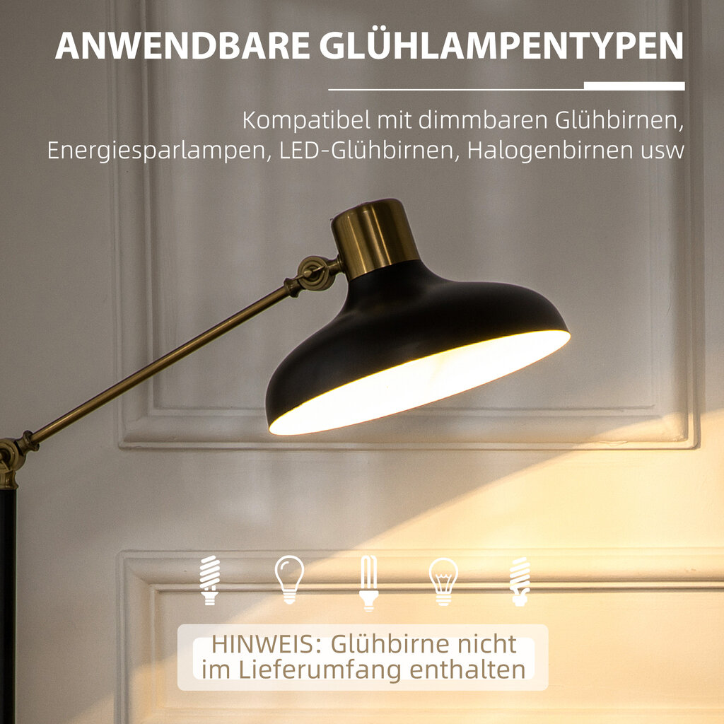 HOMCOM Grindų lempa, reguliuojamo aukščio grindų lempa, 40 W pasukama grindų lempa, lankinė lempa, skaitymo lempa su E27 cokoliu, skirta svetainei, juoda kaina ir informacija | Pakabinami šviestuvai | pigu.lt