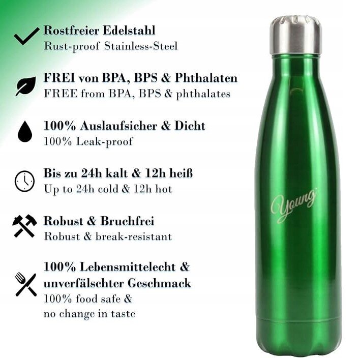 "Young" nerūdijančio plieno terminis butelis 500 ml - metalinės žalios spalvos kaina ir informacija | Termosai, termopuodeliai | pigu.lt