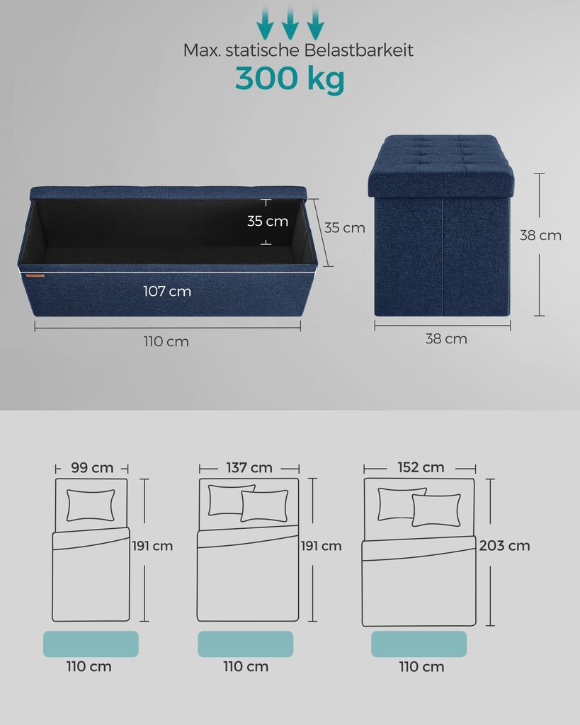 Suoliukas su laikymo vieta 38 x 110 x 38 cm vidurnakčio mėlyna kaina ir informacija | Komodos | pigu.lt