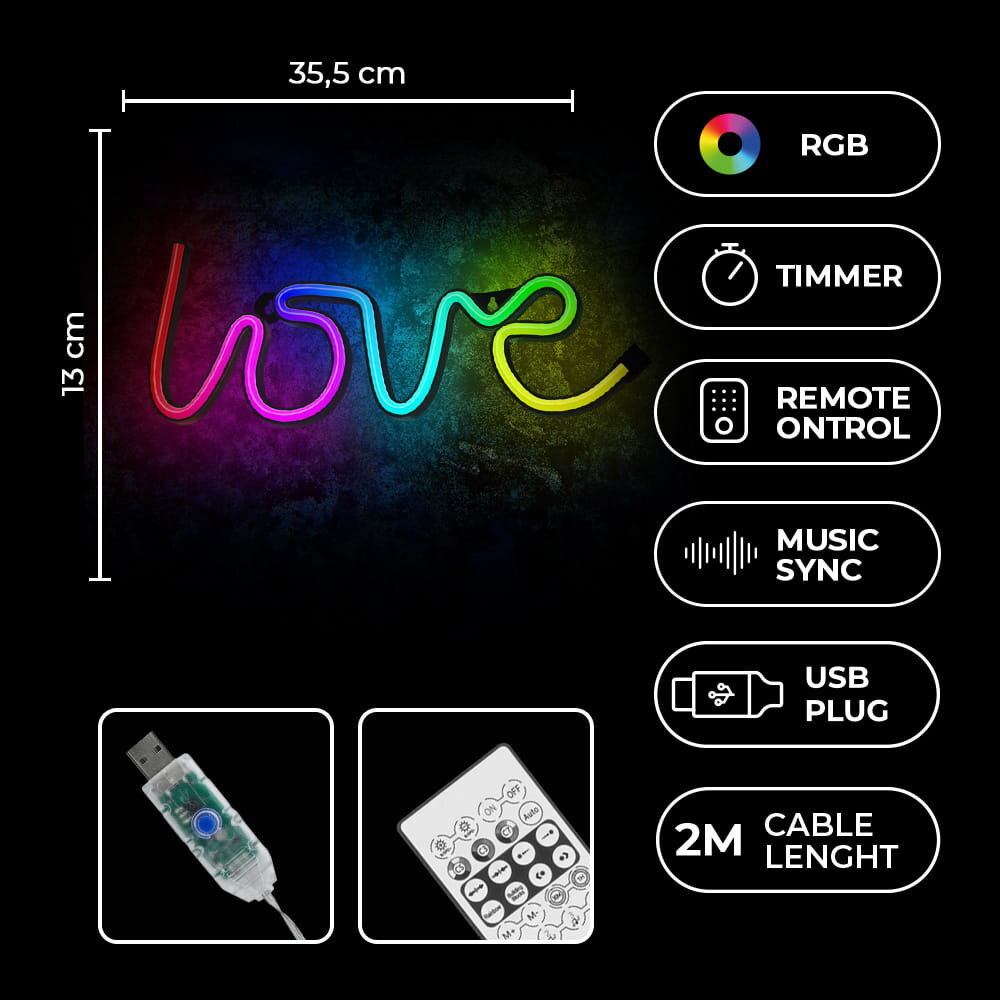 Neoninis LED RGB LOVE FLRN01 + nuotolinio valdymo pultas Forever Light kaina ir informacija | LED juostos | pigu.lt