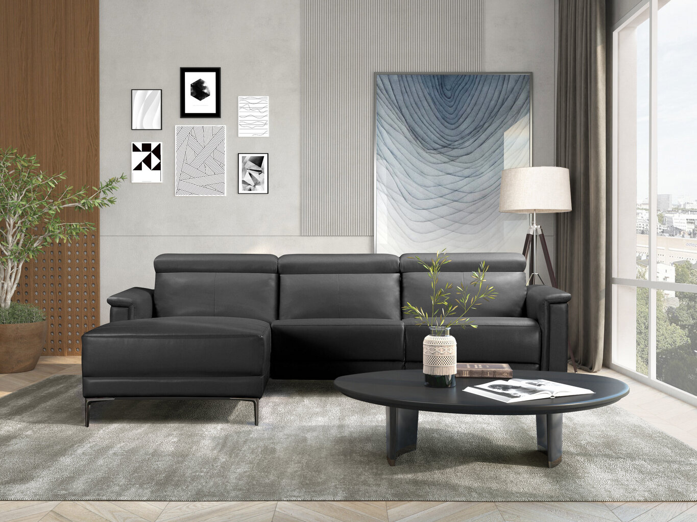 Trivietė sofa reglaineris Loft24 Lund, juoda цена и информация | Sofos | pigu.lt