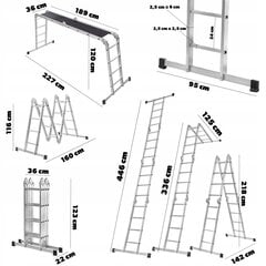 Алюминиевая лестница многофункциональная 4x4 шарнирно-сочлененная прочная + платформа 150 кг цена и информация | Стремянки | pigu.lt