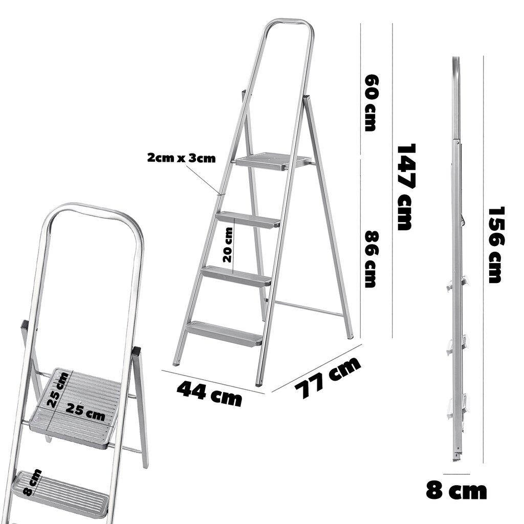 Plieninės kopėčios, 4 pakopų, universalios, vienpusės, sulankstomos, naudojimui namuose kaina ir informacija | Buitinės kopėčios, rampos | pigu.lt