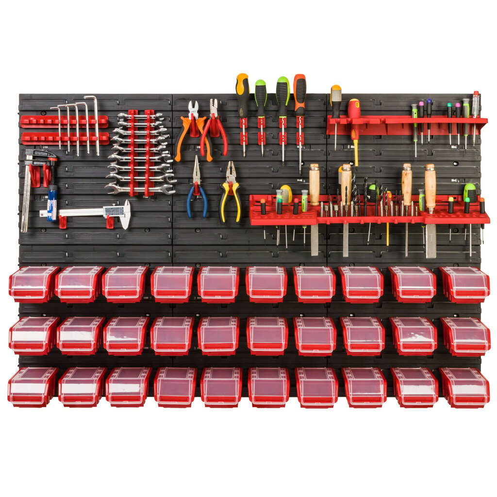 Dirbtuvėms skirta daiktų laikymo sistema su lentynomis | 117 x 78 cm | 30 vnt. dėžių | kaina ir informacija | Įrankių dėžės, laikikliai | pigu.lt