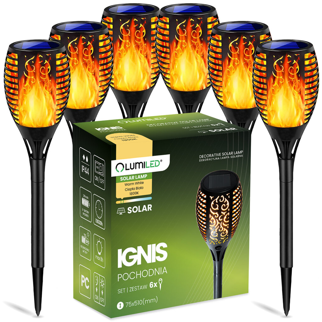 6x LED IGNIS Saulės sodo lempa Vairavimo deglas su liepsnos efektu 50cm LUMILED kaina ir informacija | Lauko šviestuvai | pigu.lt