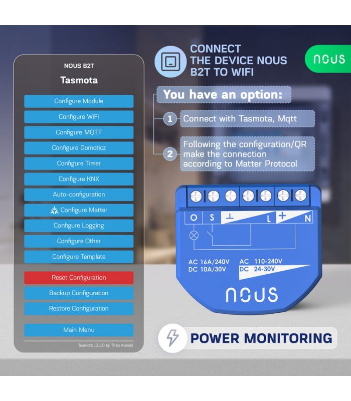 NOUS B2T WIFI Tasmota 1 kanalo relė ESP32 su el. sanaudų stebėjimu (PM) kaina ir informacija | Apsaugos sistemos, valdikliai | pigu.lt