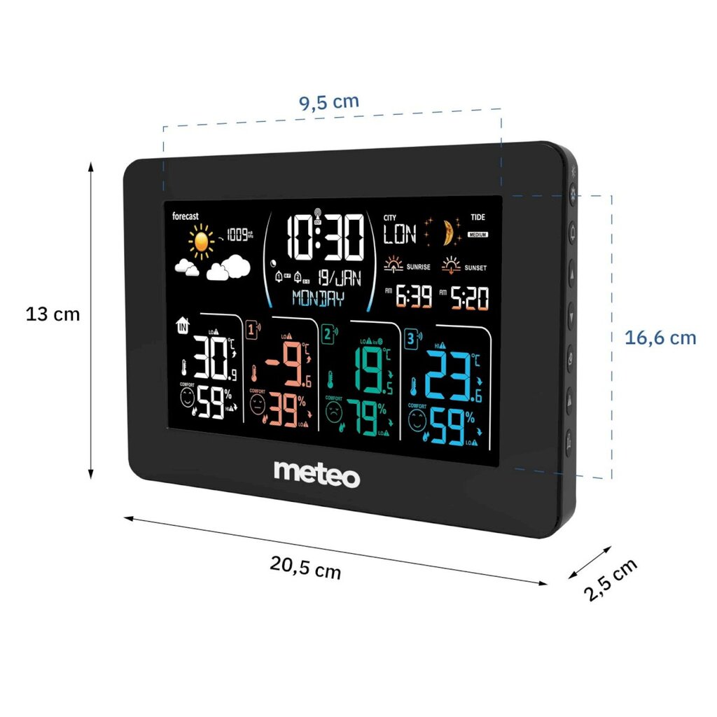 Meteorologijos stotis su DCF ir 3 jutikliais, Meteo SP1081, juoda цена и информация | Meteorologinės stotelės, termometrai | pigu.lt