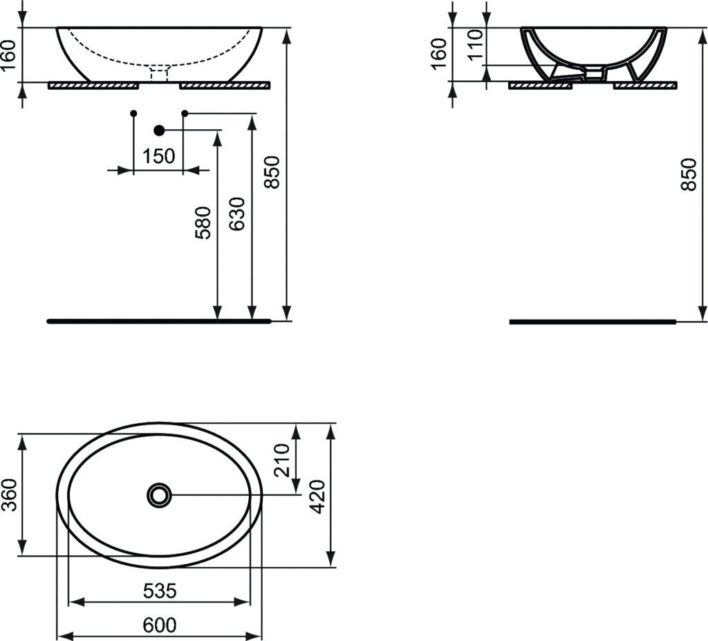 Praustuvas Ideal Standard Strada Oval Vessel, 60x42 cm, juoda matinė, K0784V3 kaina ir informacija | Praustuvai | pigu.lt