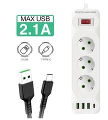 Riff F23U 3 lizdai + 3USB + 1 USB-C / 2 m laidas ir maitinimo įjungimo / išjungimo mygtukas baltas kaina ir informacija | Prailgintuvai | pigu.lt