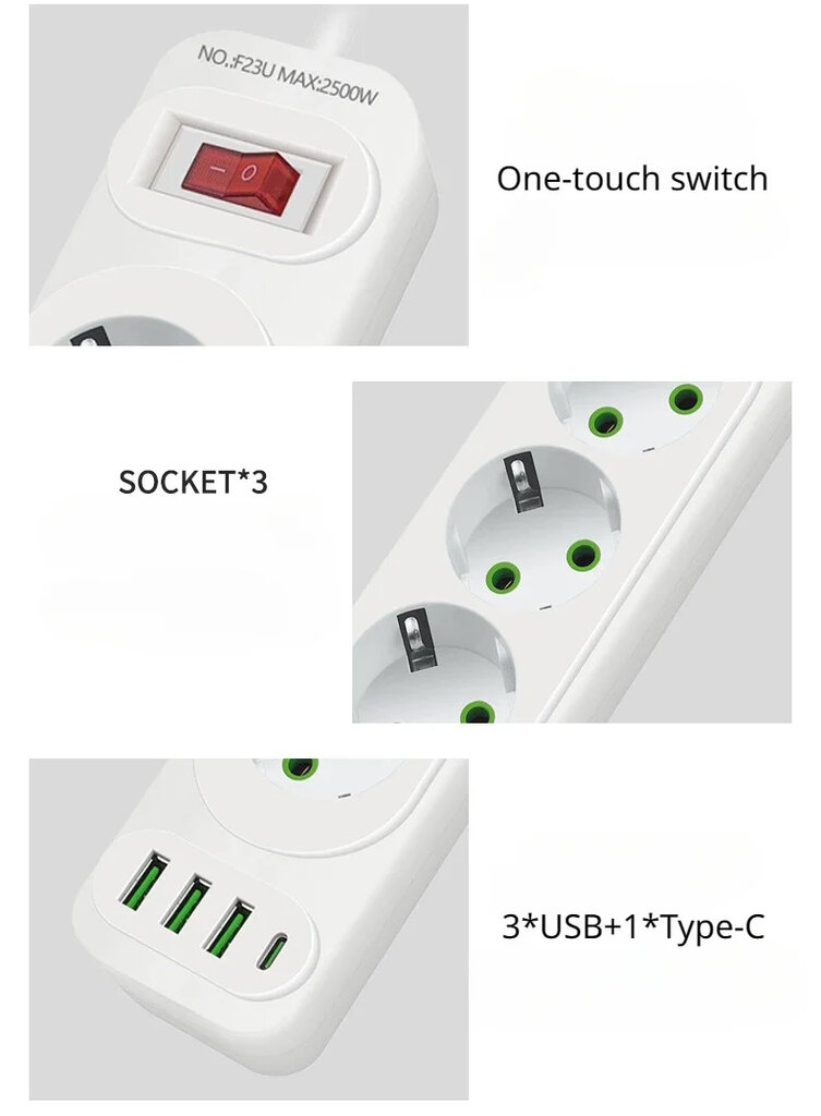 Riff F23U 3 lizdai + 3USB + 1 USB-C / 2 m laidas ir maitinimo įjungimo / išjungimo mygtukas baltas kaina ir informacija | Prailgintuvai | pigu.lt