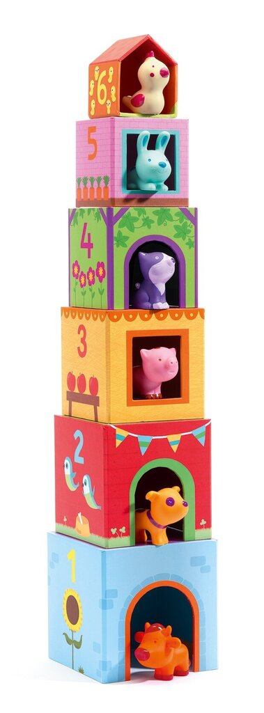 Pastatyk bokštą iš gyvūnų, Djeco Cubes Topanifarm, D0J09108 kaina ir informacija | Žaislai kūdikiams | pigu.lt