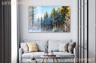 Stiklinė sienų dekoracija žiemos pušynas gamta 130x83 cm kaina ir informacija | Interjero detalės | pigu.lt