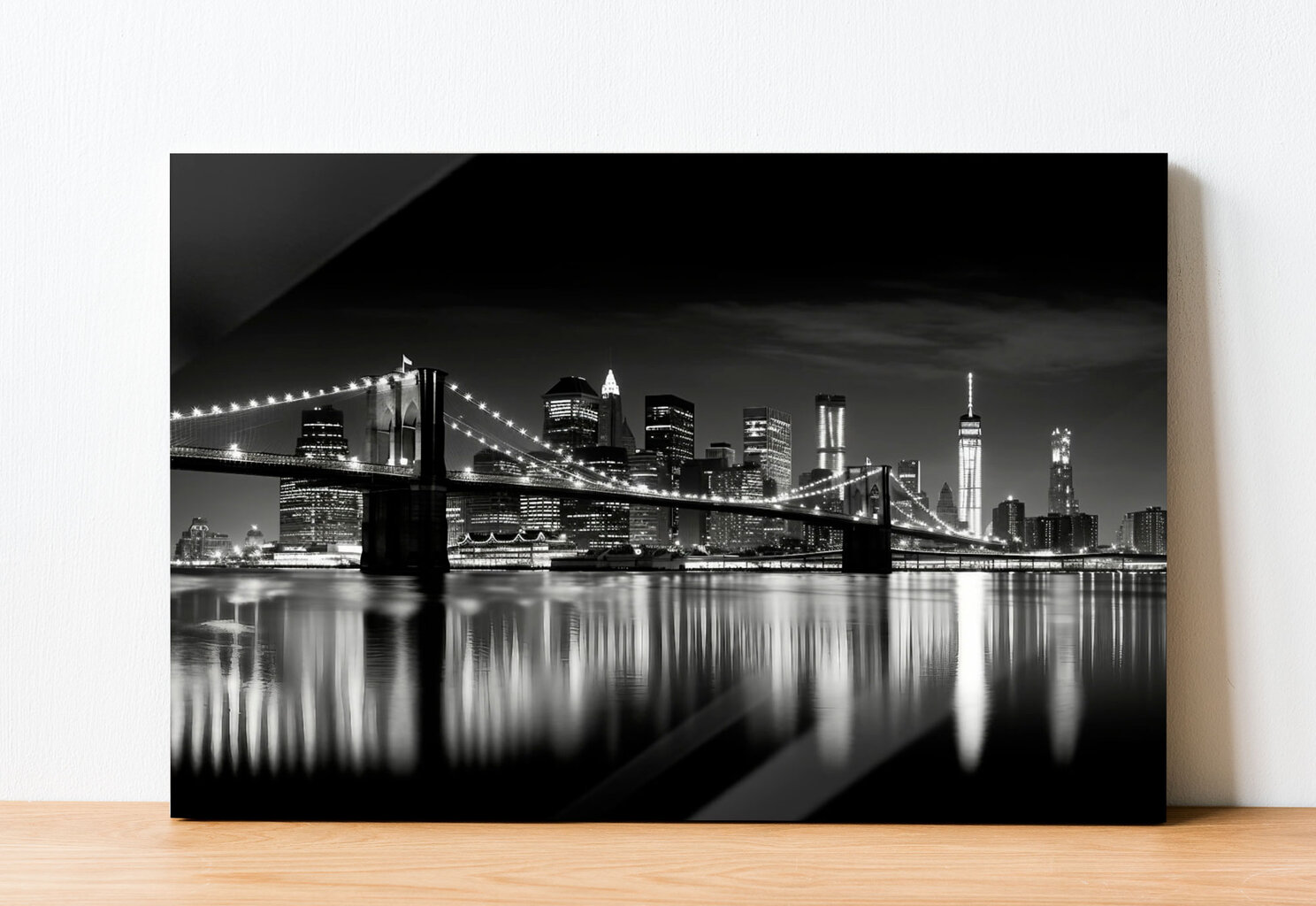 Stiklinė sienų dekoracija miesto tiltas juodai baltas naktį 36x23 cm kaina ir informacija | Interjero detalės | pigu.lt