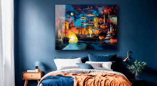 Stiklinė sienų dekoracija miesto uosto naktinio laivo tapyba 130x83 cm цена и информация | Детали интерьера | pigu.lt