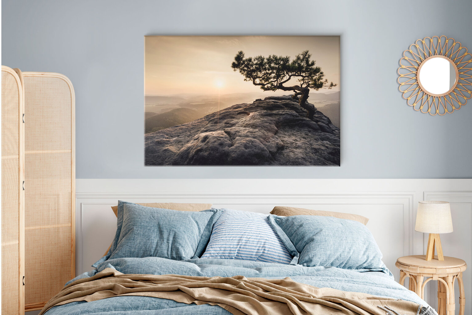 80x120 Saulėlydžio kraštovaizdžio drobė Kraštovaizdžio medis 80x120 kaina ir informacija | Reprodukcijos, paveikslai | pigu.lt