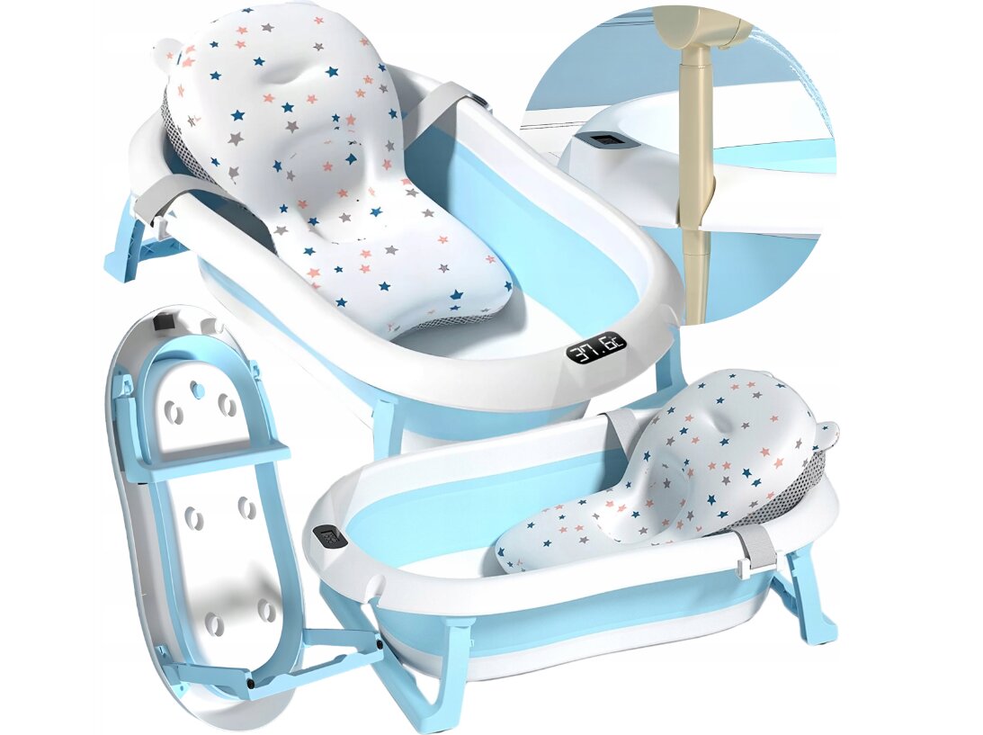 Sulankstoma kūdikių vonelė su silikoniniu vaikišku termometru ir pagalvėle цена и информация | Maudynių priemonės | pigu.lt
