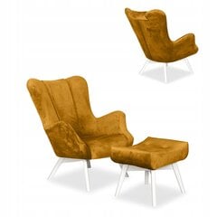 "Vika" skandinaviškas fotelis su pufu ir kojų atramomis "Family Furniture" aukso spalvos kaina ir informacija | Svetainės foteliai | pigu.lt
