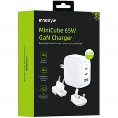 INNOSTYLE MINI CUBE МОЩНОЕ БЫСТРОЕ ЗАРЯДНОЕ УСТРОЙСТВО GAN ПУТЕШЕСТВИЯ EU US UK AU 3X USB USB-C 65W БЕЛЫЙ цена и информация | Зарядные устройства для телефонов | pigu.lt